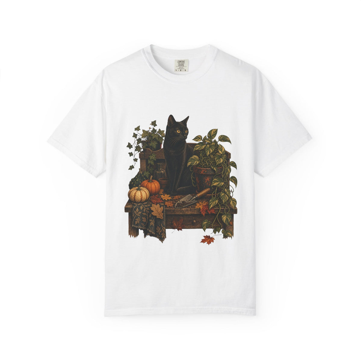 Botanical Vibes T-Shirt White / M Black Cat Potting Bench T-Shirt - Fall Houseplant Art