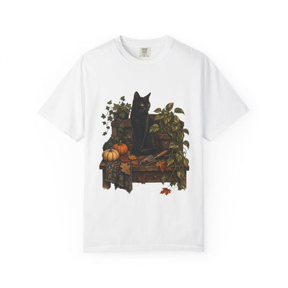 Botanical Vibes T-Shirt White / M Black Cat Potting Bench T-Shirt - Fall Houseplant Art