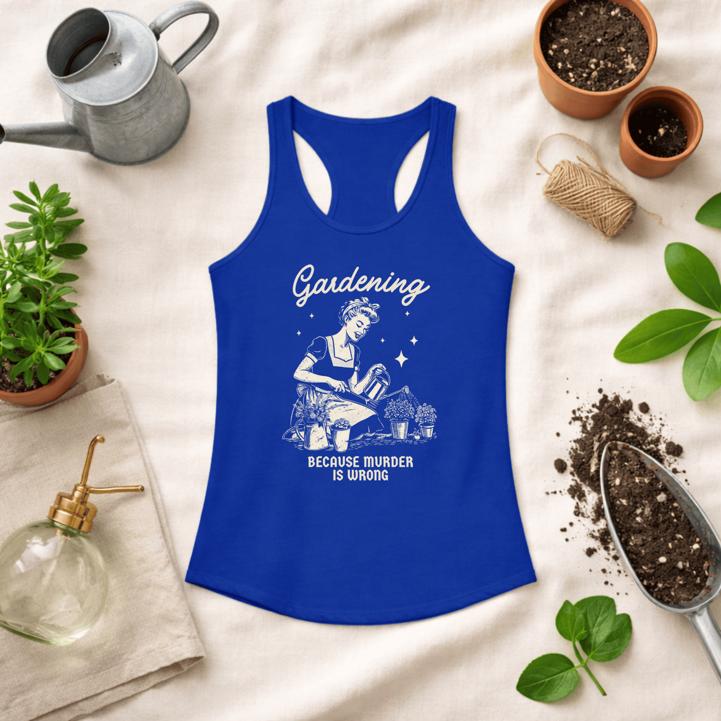 Printify Tank Top Gardening Racerback Tank Top – “Because Murder Is Wrong” Funny Gardener Design