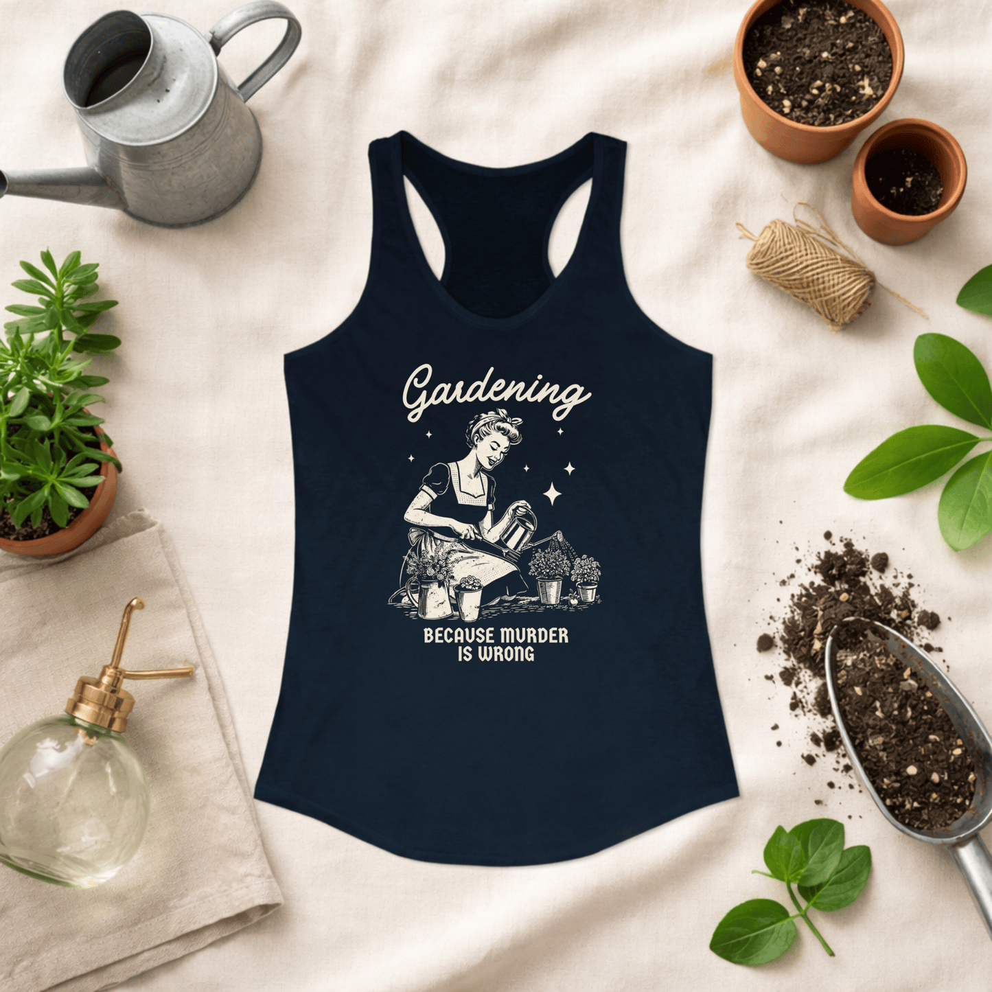 Printify Tank Top Gardening Racerback Tank Top – “Because Murder Is Wrong” Funny Gardener Design
