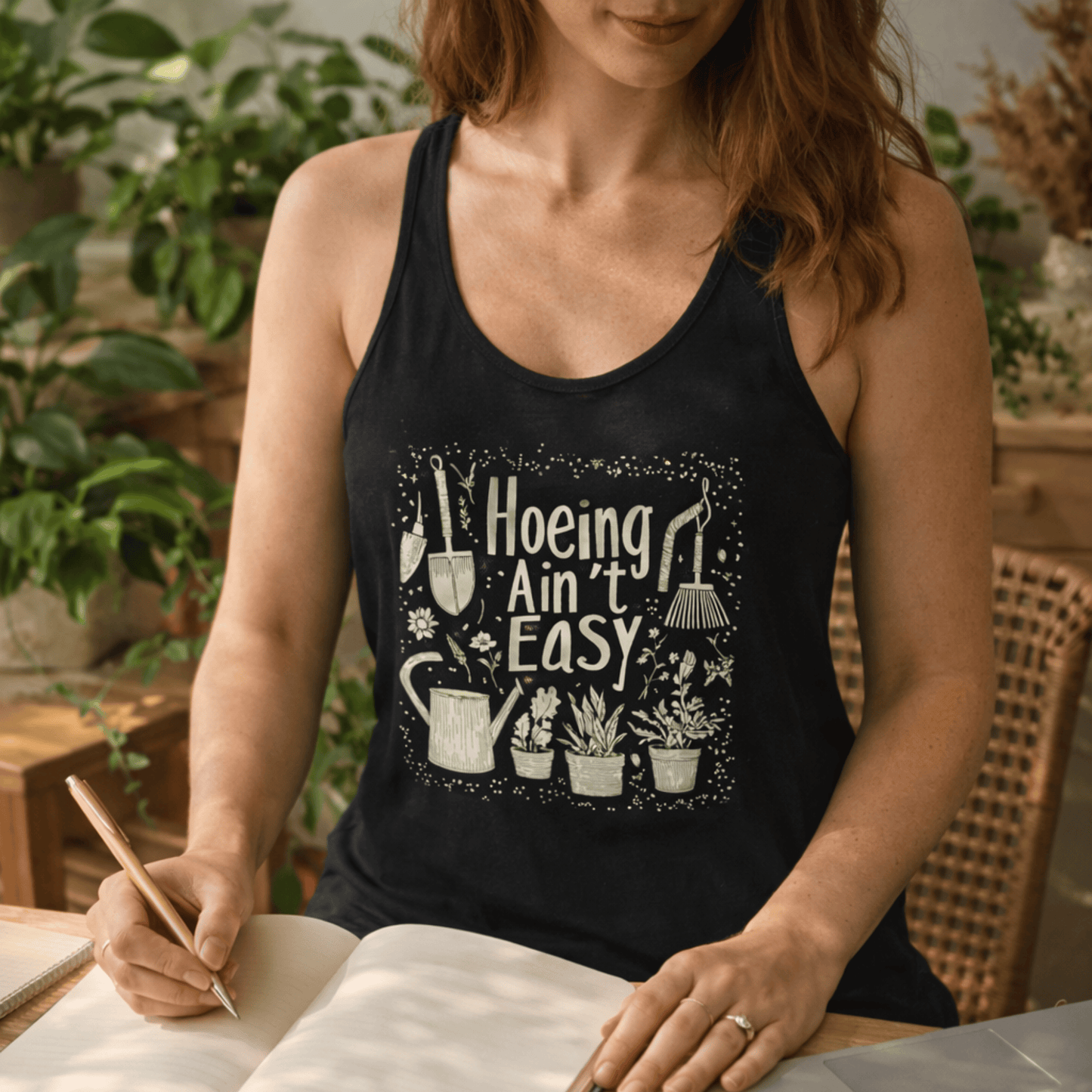 Printify Tank Top Gardening Racerback Tank Top – “Hoeing Ain’t Easy” Graphic