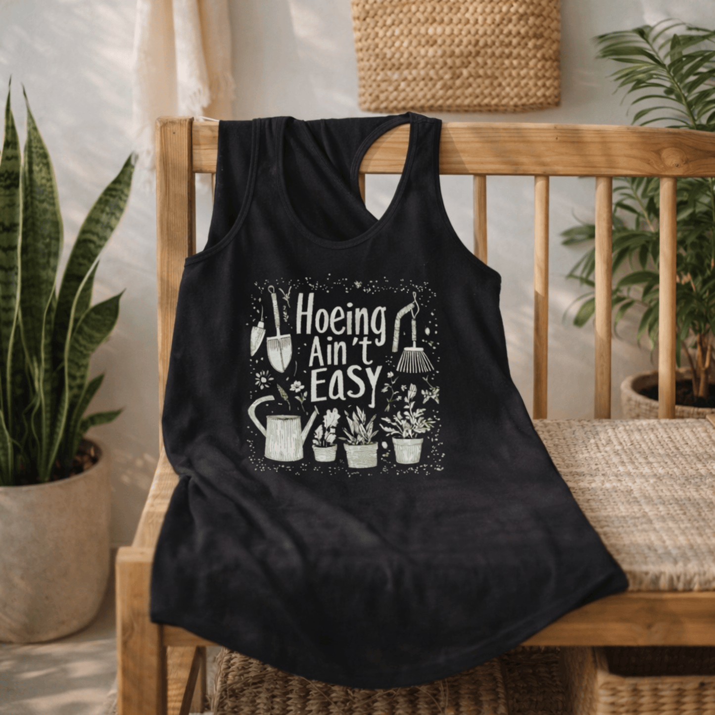 Printify Tank Top Gardening Racerback Tank Top – “Hoeing Ain’t Easy” Graphic