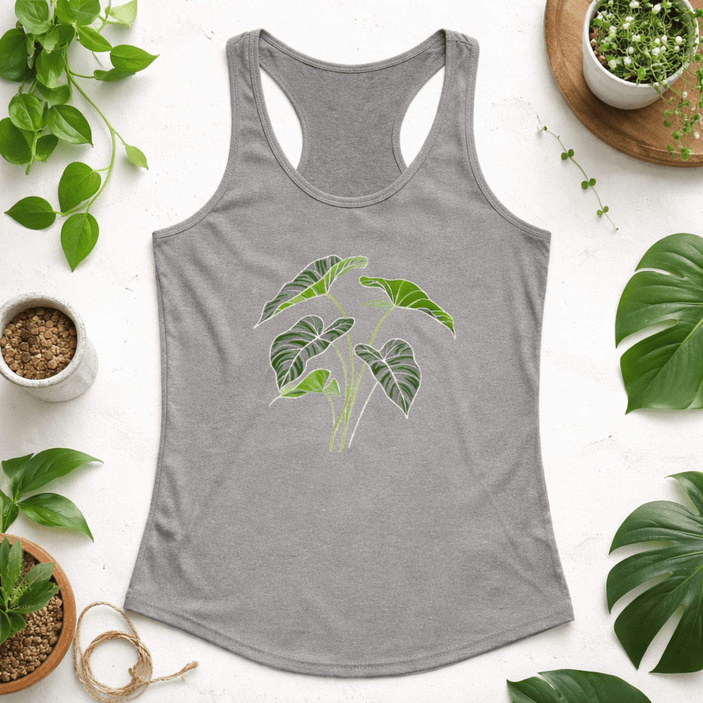 Printify Tank Top S / Heather Grey Elephant Ear Racerback Tank Top – Botanical Plant Art Graphic