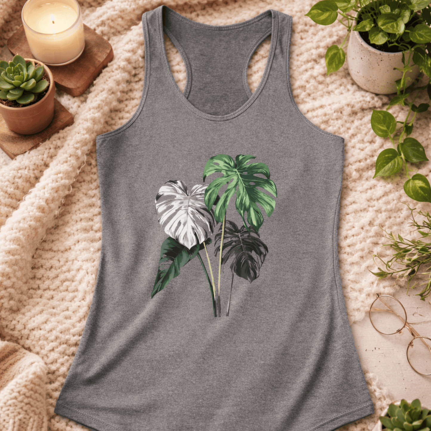 Printify Tank Top S / Heather Grey Monstera Plant Racerback Tank Top – Realistic Botanical Art