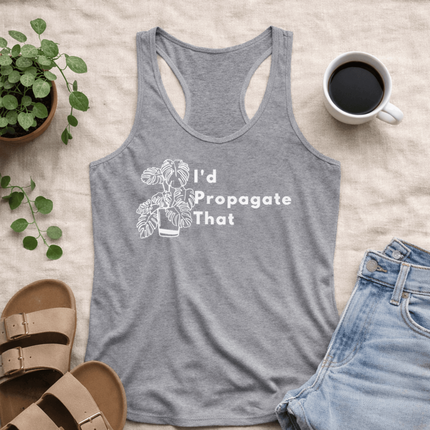 Printify Tank Top S / Heather Grey Plant Lover Racerback Tank Top – “I’d Propagate That” Monstera Plant