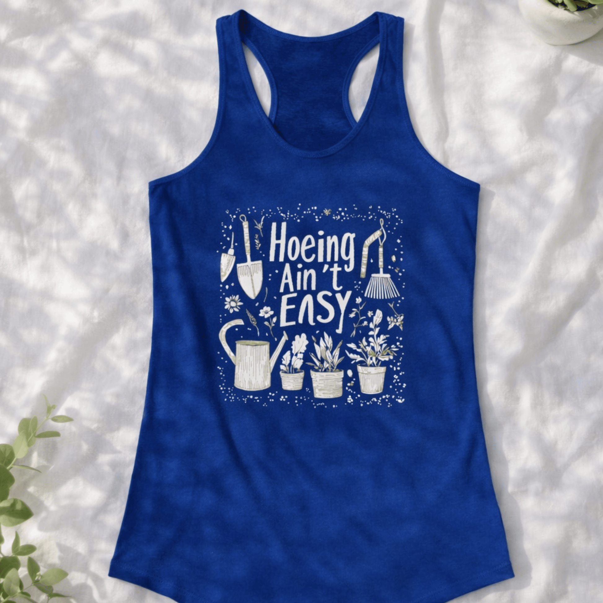 Printify Tank Top S / Solid Royal Gardening Racerback Tank Top – “Hoeing Ain’t Easy” Graphic