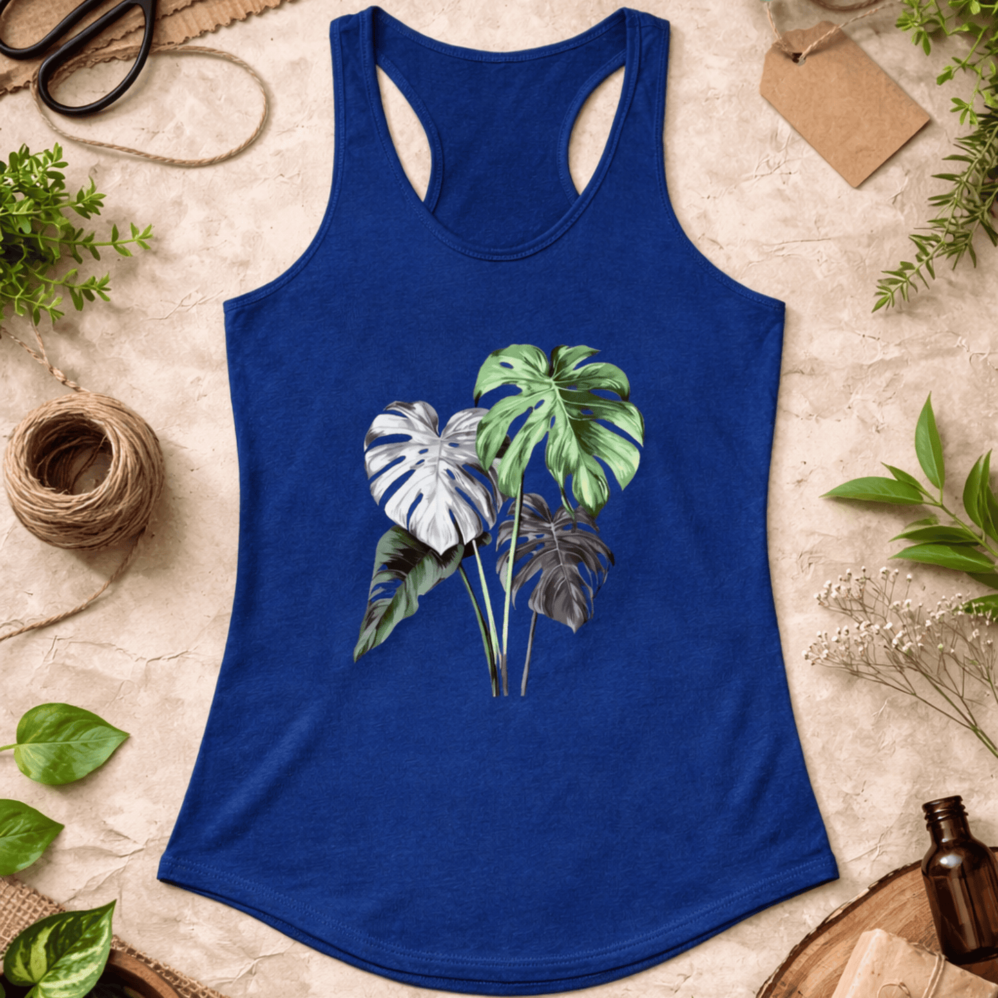 Printify Tank Top S / Solid Royal Monstera Plant Racerback Tank Top – Realistic Botanical Art