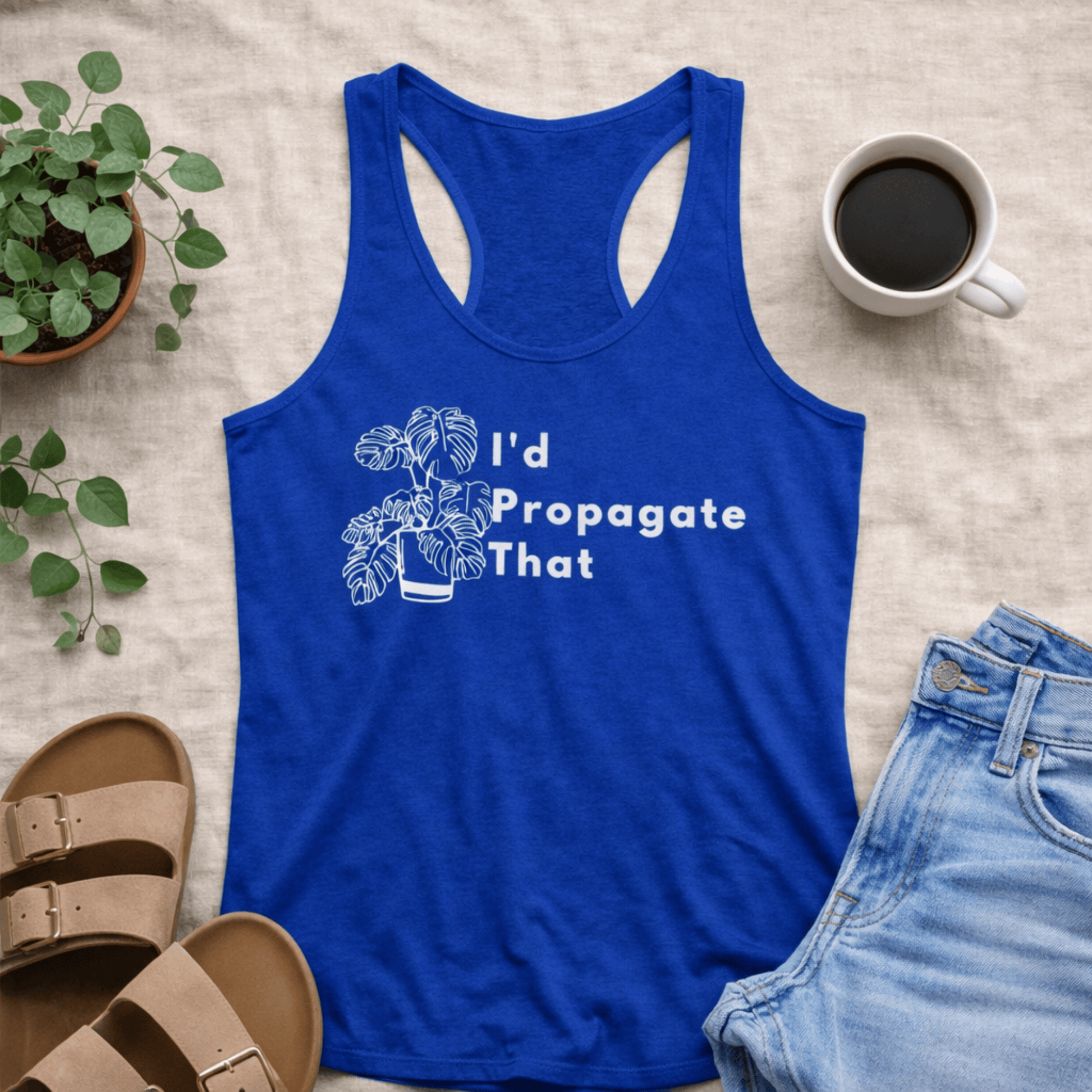 Printify Tank Top S / Solid Royal Plant Lover Racerback Tank Top – “I’d Propagate That” Monstera Plant