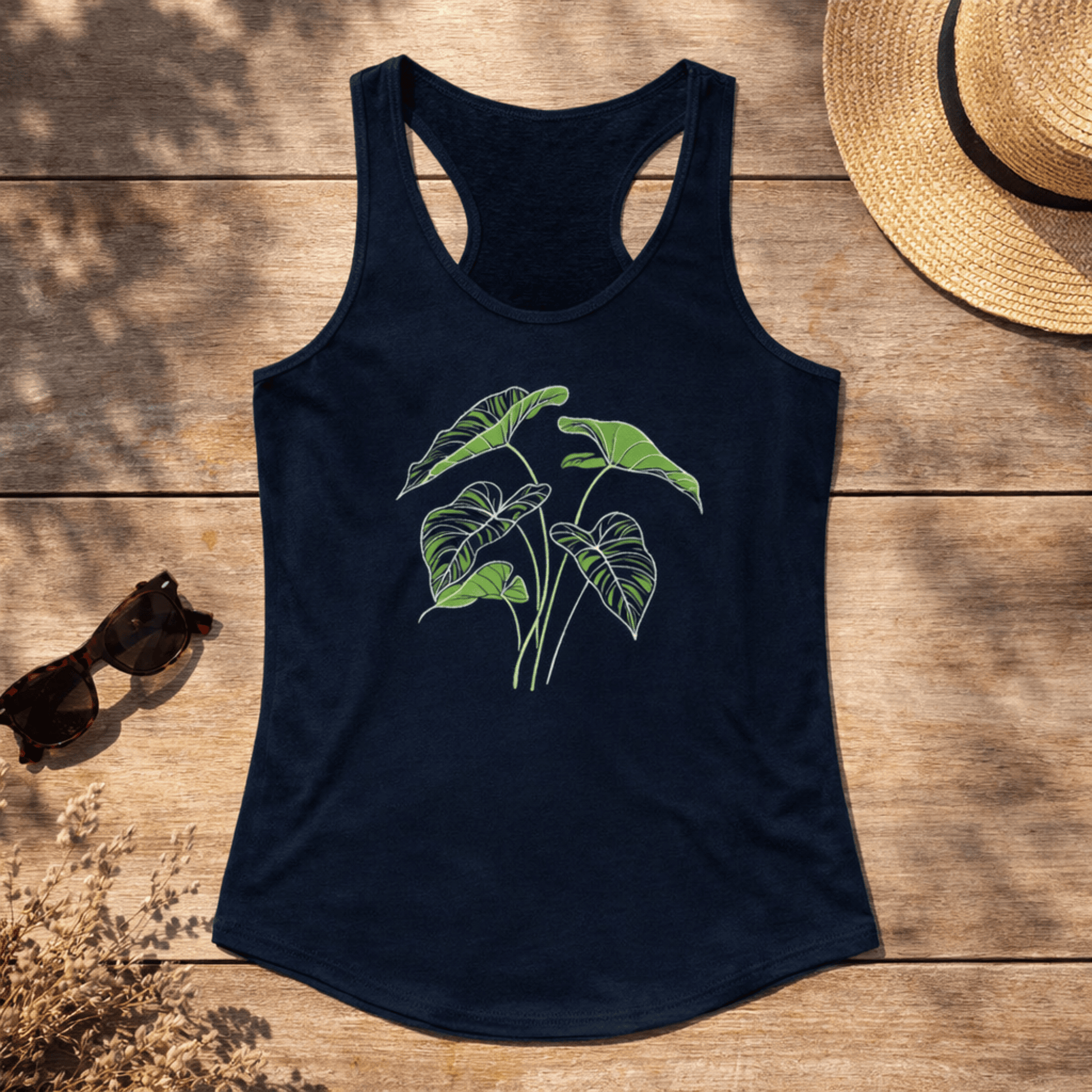 Printify Tank Top XS / Solid Black Elephant Ear Racerback Tank Top – Botanical Plant Art Graphic