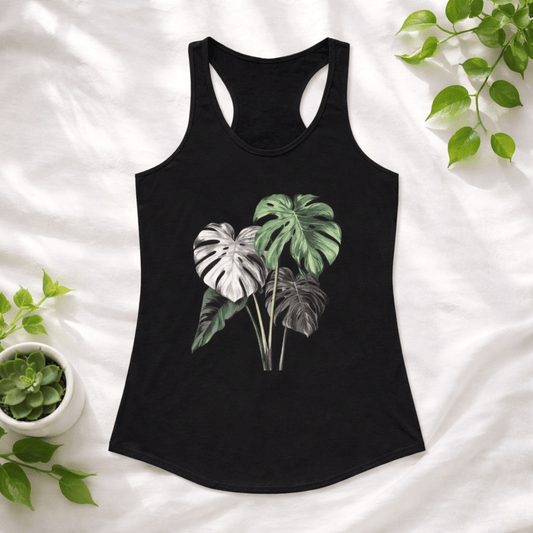 Printify Tank Top XS / Solid Black Monstera Plant Racerback Tank Top – Realistic Botanical Art