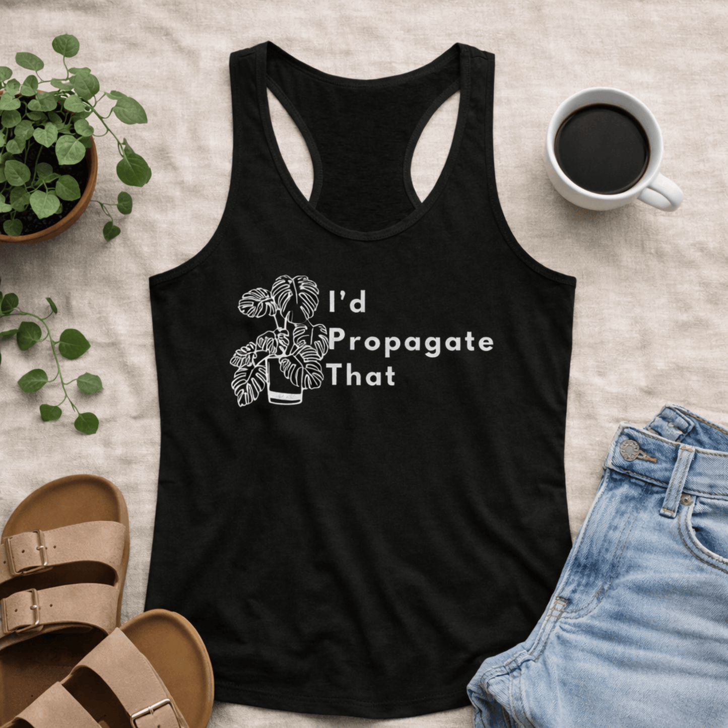 Printify Tank Top XS / Solid Black Plant Lover Racerback Tank Top – “I’d Propagate That” Monstera Plant