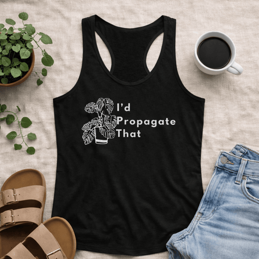 Printify Tank Top XS / Solid Black Plant Lover Racerback Tank Top – “I’d Propagate That” Monstera Plant