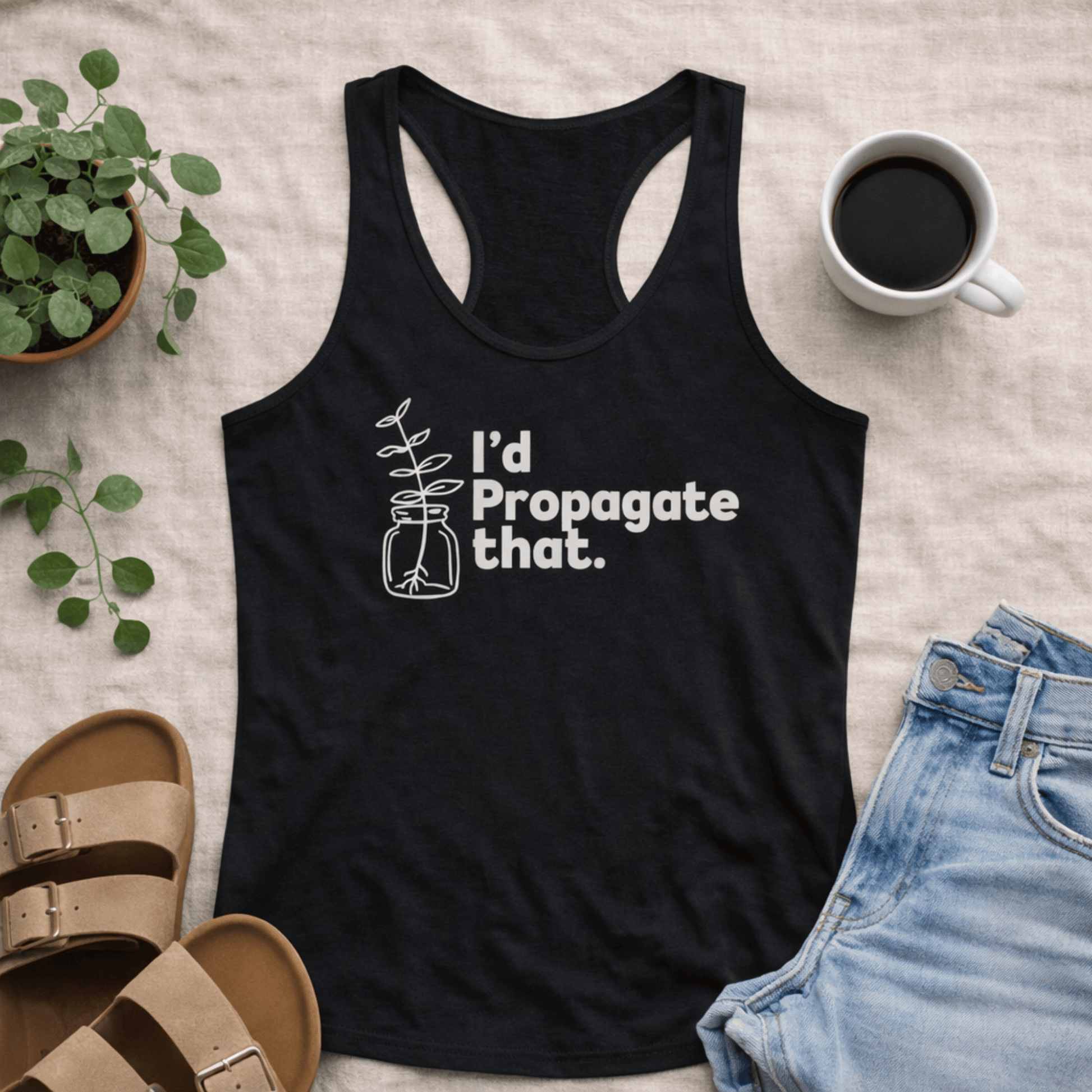 Printify Tank Top XS / Solid Black Plant Lover Racerback Tank Top – “I’d Propagate That”