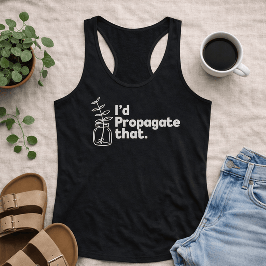 Printify Tank Top XS / Solid Black Plant Lover Racerback Tank Top – “I’d Propagate That”