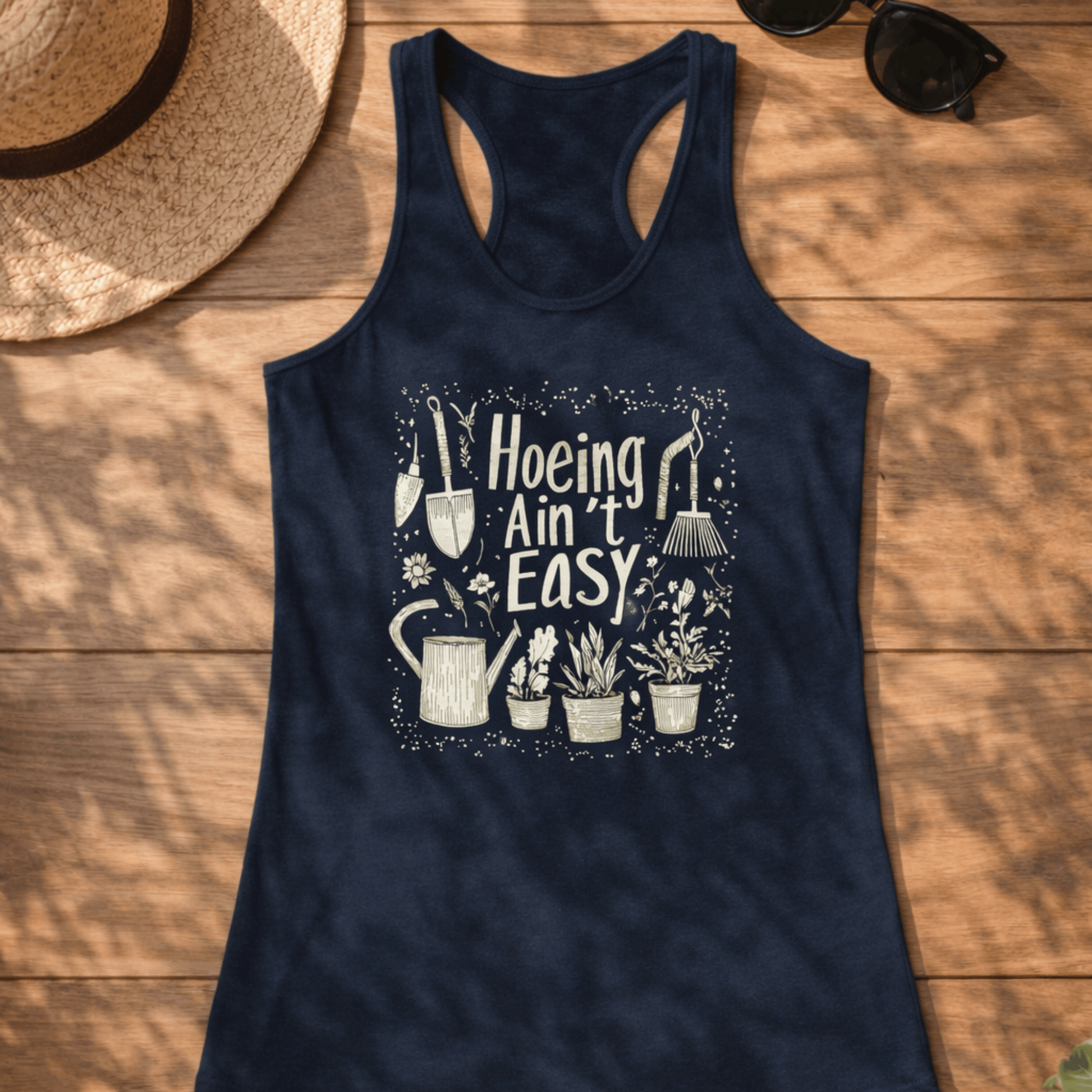 Printify Tank Top XS / Solid Midnight Navy Gardening Racerback Tank Top – “Hoeing Ain’t Easy” Graphic