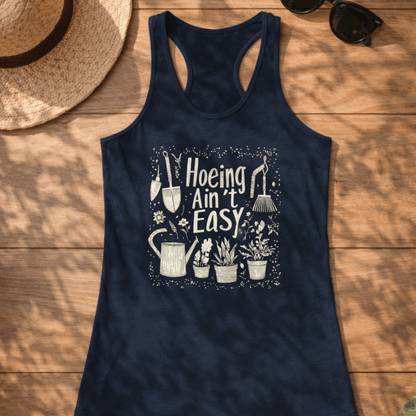 Printify Tank Top XS / Solid Midnight Navy Gardening Racerback Tank Top – “Hoeing Ain’t Easy” Graphic