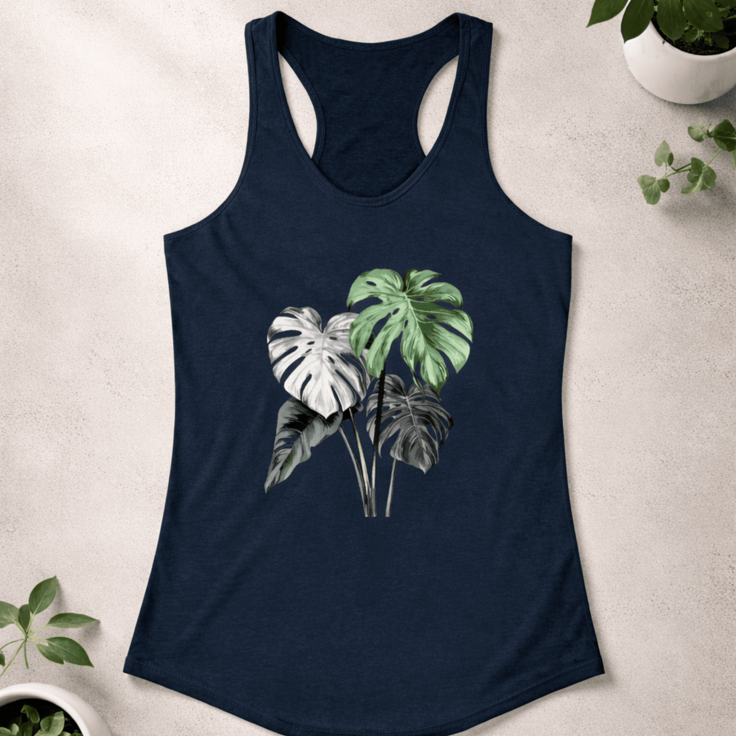 Printify Tank Top XS / Solid Midnight Navy Monstera Plant Racerback Tank Top – Realistic Botanical Art