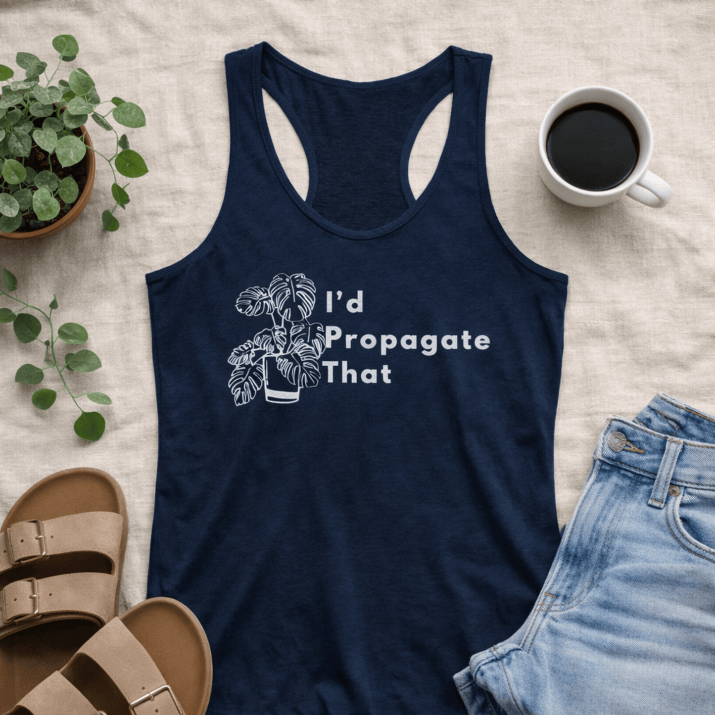 Printify Tank Top XS / Solid Midnight Navy Plant Lover Racerback Tank Top – “I’d Propagate That” Monstera Plant
