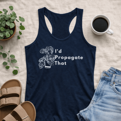 Printify Tank Top XS / Solid Midnight Navy Plant Lover Racerback Tank Top – “I’d Propagate That” Monstera Plant
