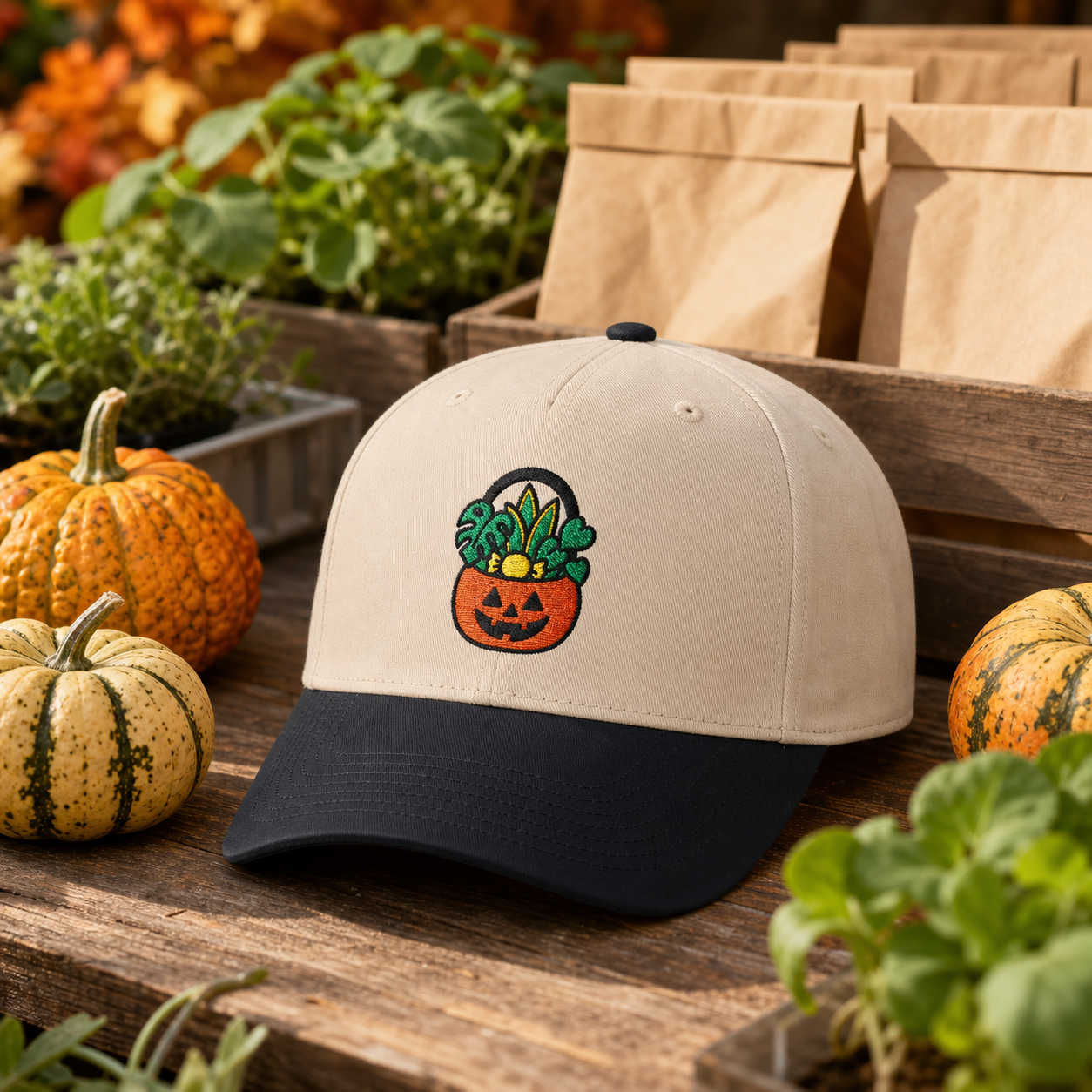 Treat Your Plants embroidered hat in Black / Natural