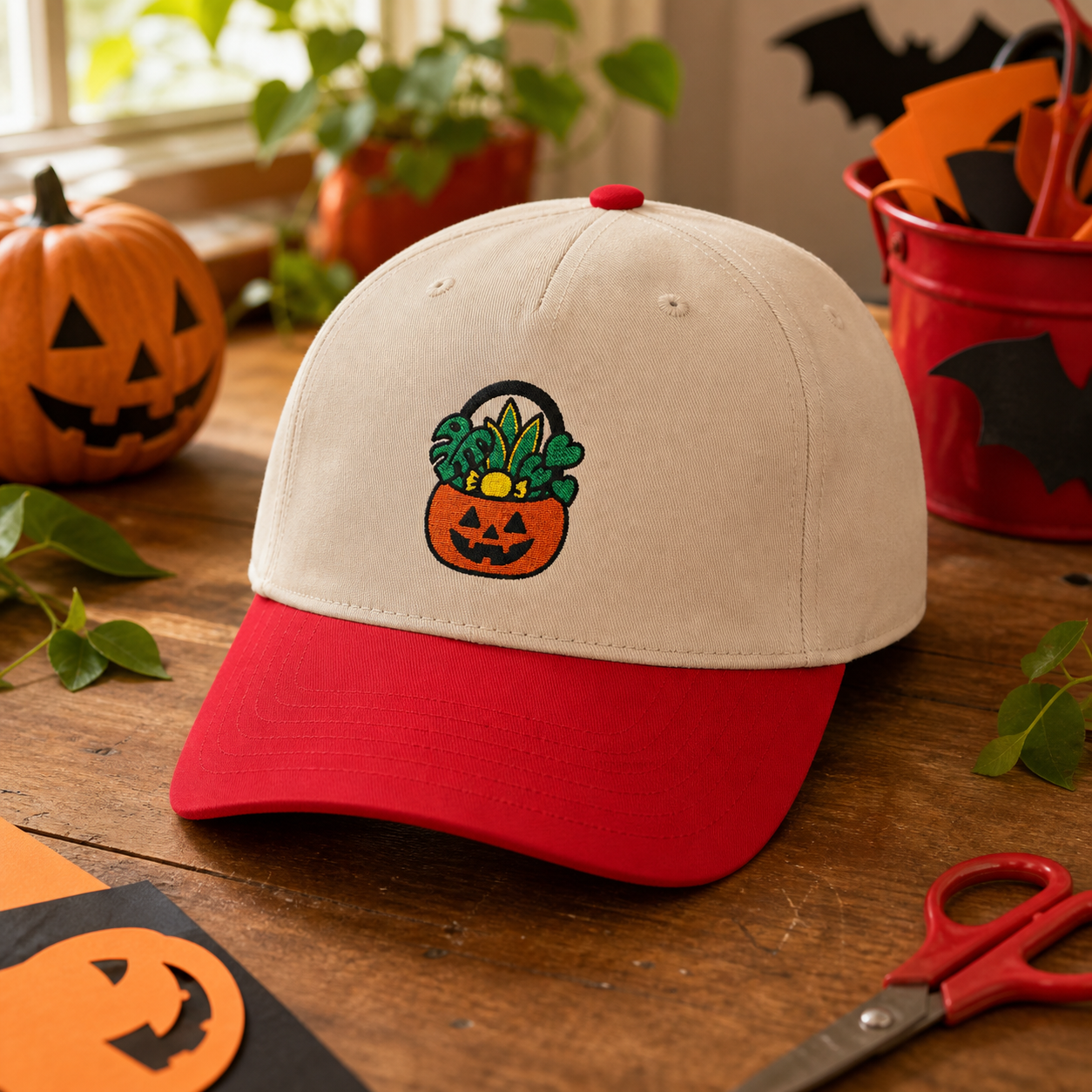 Treat Your Plants embroidered hat in Red / Natural
