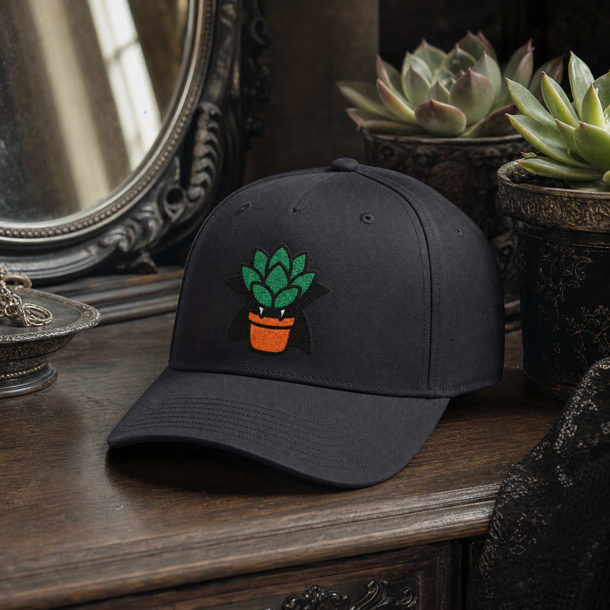Vampire Succulent embroidered hat in Black