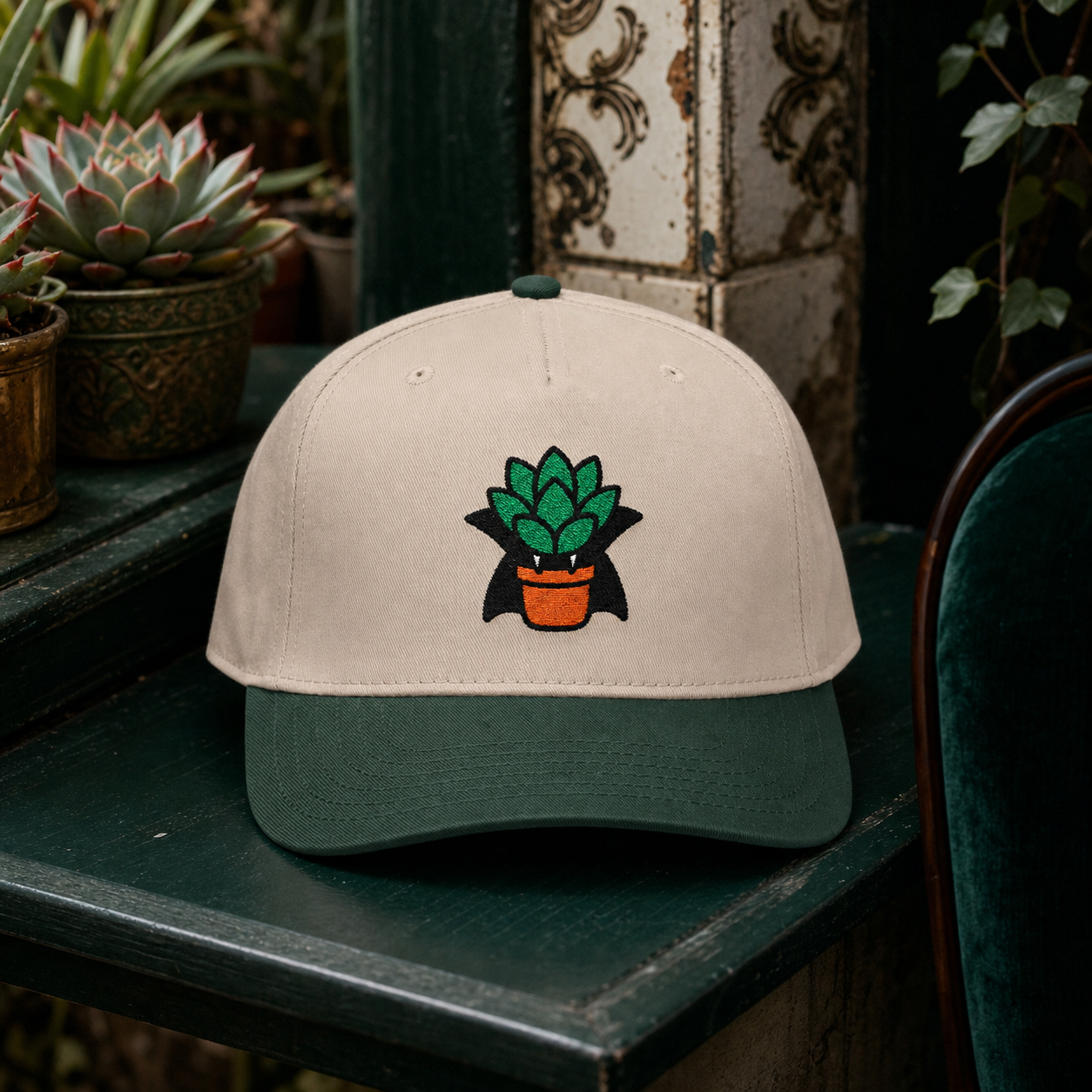 Vampire Succulent embroidered hat in Dark Green / Natural