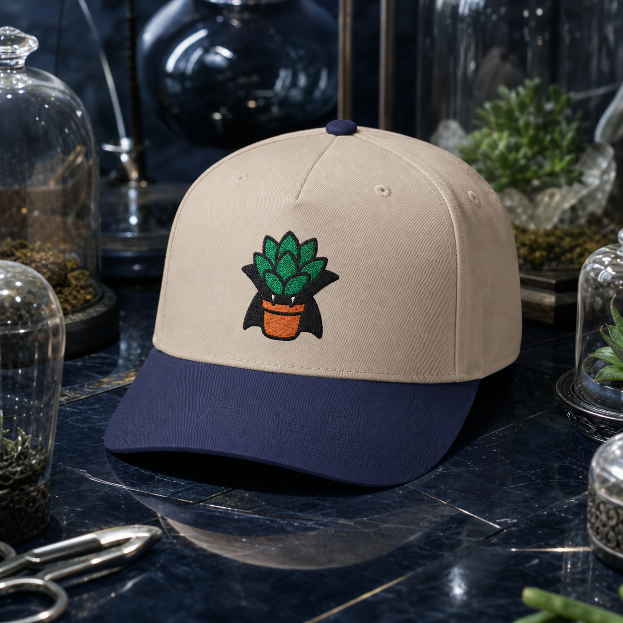 Vampire Succulent embroidered hat in Navy / Natural