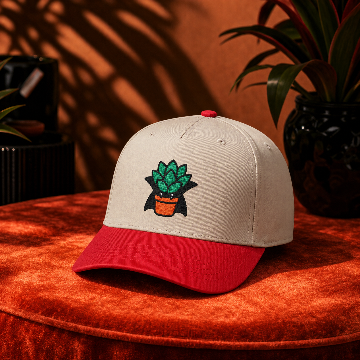 Vampire Succulent embroidered hat in Red / Natural