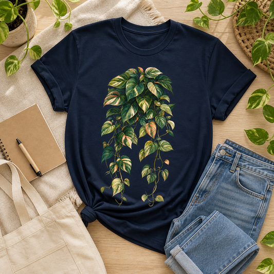 Variegated pothos graphic t-shirt in true navy styled in an outfit flat lay lifestyle photo