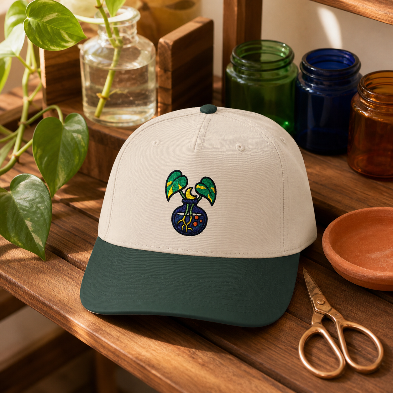 Witch's Pothos Cuttings embroidered hat in Dark Green / Natural