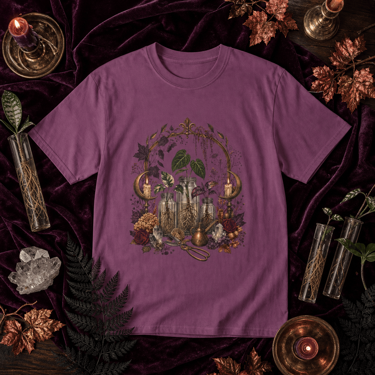 Witchy Propagation Altar T-Shirt in a Halloween fall botanical flat lay