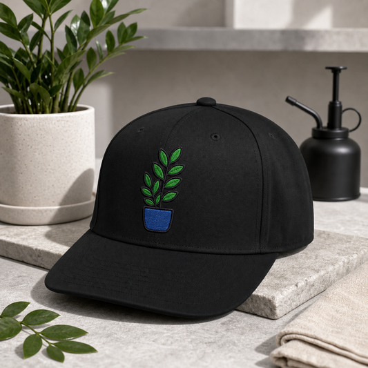 ZZ Plant Vibes embroidered hat in Black on a minimal plant-care studio surface